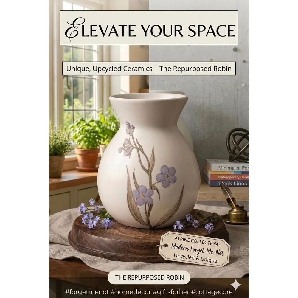 Modern Ivory & Blue Floral Vase - Upcycled Matte Ceramic with Botanical Transfer